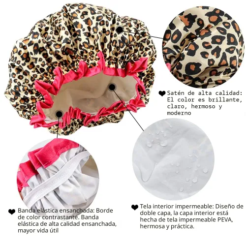 Vista 3 de TCOTBE Gorro de ducha para mujer, elástico y reutilizable, protección del medio ambiente, doble capa impermeable