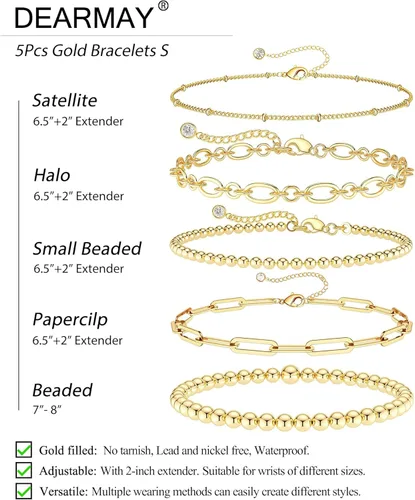 Vista 5 de DEARMAY Juego de pulseras de oro para mujer, a la moda, delicadas, chapadas en oro real de 14 quilates, apilables