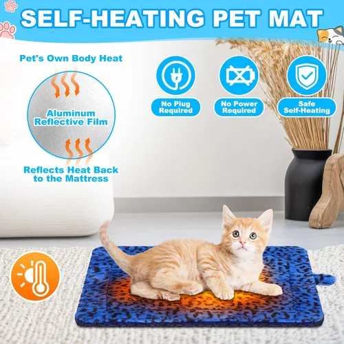 Vista 4 de Riakrum Paquete de 4 alfombrillas de cama autocalentables para gatos, estampado de leopardo, manta térmica de doble cara con bolsas