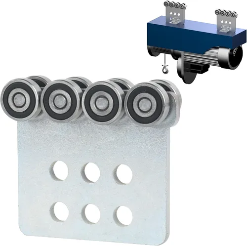 Vista 9 de Rodillos de montaje de carro de 2 ruedas. Montaje de carro de rodamientos. La parte superior del carro tiene espacio para tornillos de ajuste, lo