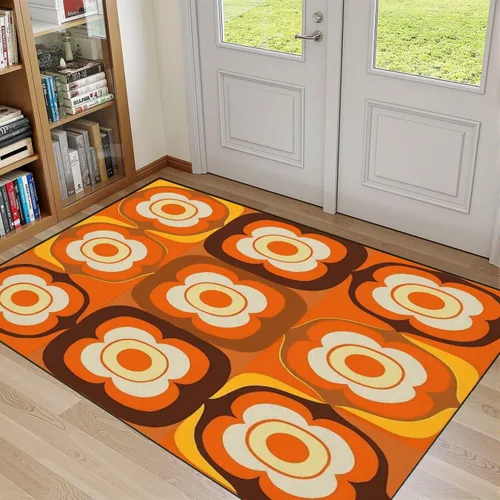 32"x 48" Boho Area Rugs 70s Retro Seamless Pattern Orange Brown Yellow Beige 60s 70s Retro Washable Low Pile Carpet Non Slip Floor Mat Soft for