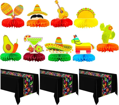 Oudain 12 piezas de decoración de fiesta para fiestas, 3 piezas de 108 x 54 pulgadas, mantel de plástico Cinco de Mayo con 9 piezas de nido de abeja