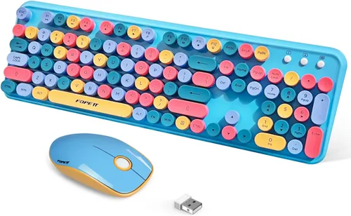 Vista 19 de FOPETT Combo de teclado y mouse inalámbricos, 2.4G de tamaño completo, lindo mouse y teclado coloridos con 104 teclas redondas, teclado retro