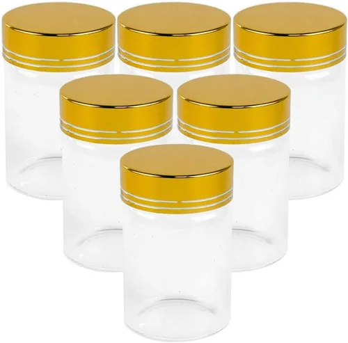 Vista 13 de Botella de vidrio transparente de 5.1 fl oz con tapa de aluminio plateado, 6 unidades, adecuada para recepción de cocina, azafrán, té, Plata