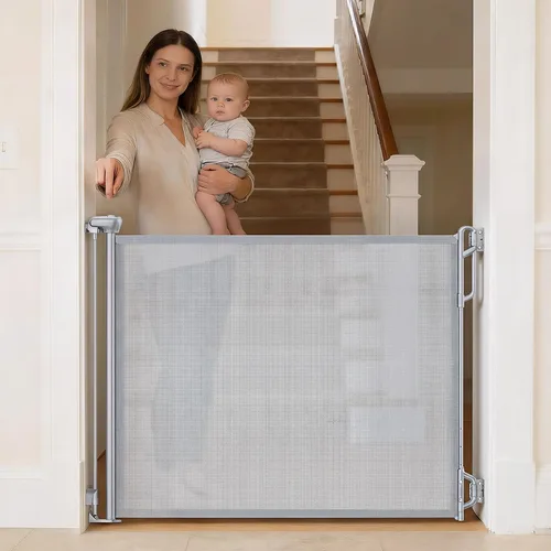 Vista 10 de SPACEANY Puerta retráctil de seguridad para bebés o puerta de malla para perros, puerta retráctil de malla portátil duradera, fácil de usar