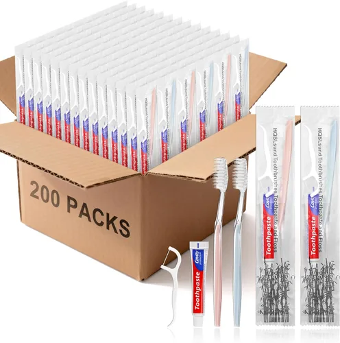 Vista 6 de 100 cepillos de dientes desechables con hilo dental envueltos individualmente, cepillo de dientes desechable de 2 colores, pasta de dientes de 0.35