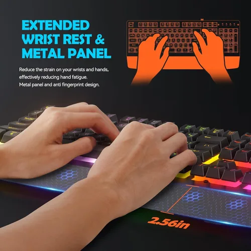 Vista 3 de Teclado para juegos con cable, teclado iluminado RGB con reposamuñecas, panel de metal de 104 teclas retroiluminado con arco iris