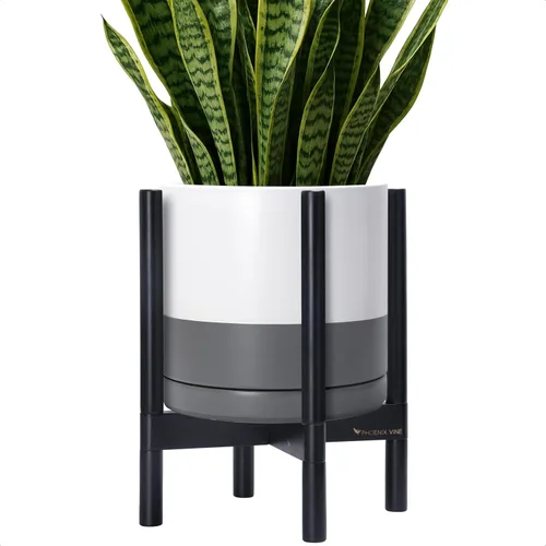 Vista 81 de D'vine Dev Maceta de cerámica con soporte de ébano – Maceta redonda moderna de 8 pulgadas con soporte para maceta de madera, color negro, 55-B-M-2