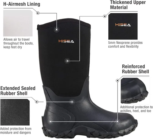 Vista 2 de HISEA Botas de lluvia para hombre, botas de goma de neopreno, botas de barro aisladas, botas de jardín de altura media