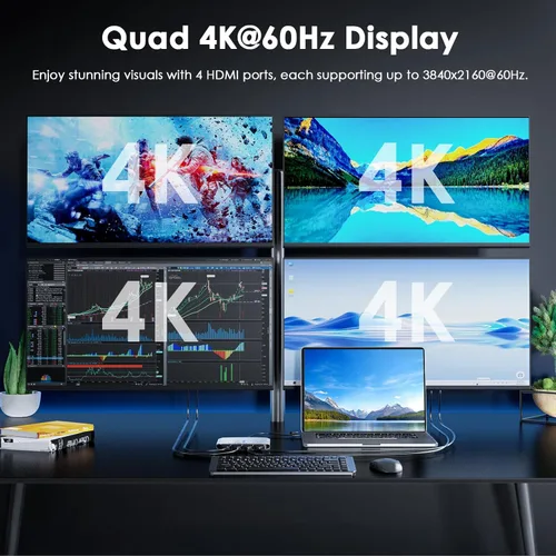 Vista 2 de WAVLINK USB 3.0 o USB-C a Quad HDMI Splitter Pantalla extendida para cuatro monitores con 85W PD, adaptador Displaylink 4 HDMI 4K @60Hz para Mac