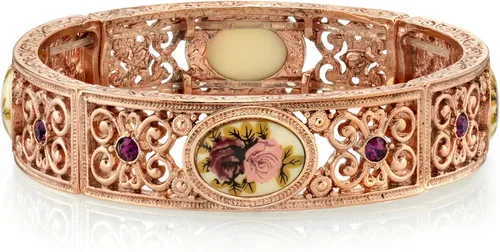 1928 Jewelry - Pulsera elástica para mujer, color oro rosa, rosa, púrpura, cristal, Metal, Sin gemas.