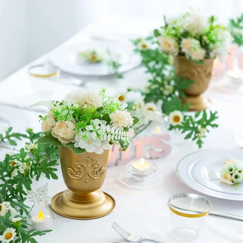 Vista 5 de Sziqiqi Maceta de metal con urna dorada para mesa de boda, centro de mesa, trompeta, florero, maceta para arreglos florales artificiales reales