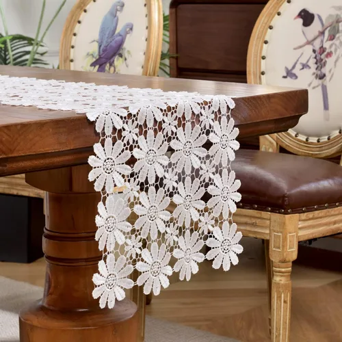 Vista 2 de Camino de mesa de encaje blanco para tocador, camino de mesa de margaritas de comedor de otoño, 13 x 35 pulgadas, mesa de café de té, decoraciones