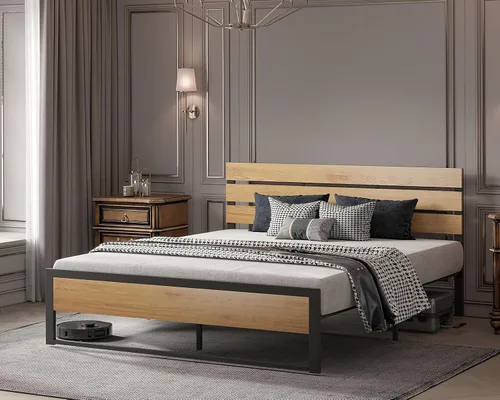 Vista 8 de BONSOIR Base de cama tamaño King con plataforma de acero estable con cabecero de madera/estribo, no necesita somier, fácil montaje, sin chirridos