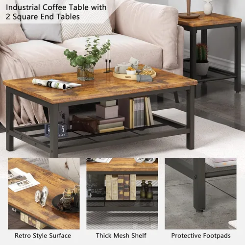 Vista 6 de AWQM Mesa de Centro Industrial Mesa de Centro con 2 Mesas Auxiliares Laterales Cuadradas, Juego de Mesa de Sala de Estar Moderna con Marco de Metal