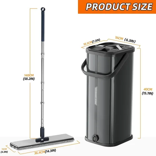 Vista 7 de Trapeador plano y cubo para el hogar con recambios adicionales, trapeador y cubo de acero inoxidable con escurridor, trapeador manos libres, mopa