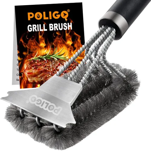 POLIGO Cepillo seguro para parrilla y raspador con mango de lujo, cepillo limpiador de parrilla de 18 pulgadas, cepillo de cerdas de acero
