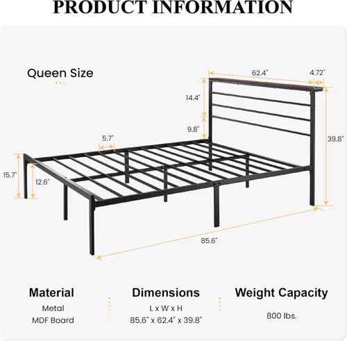 Vista 42 de SHA CERLIN Base de cama tamaño King con estante de cabecera y base de metal resistente, no necesita somier, color marrón