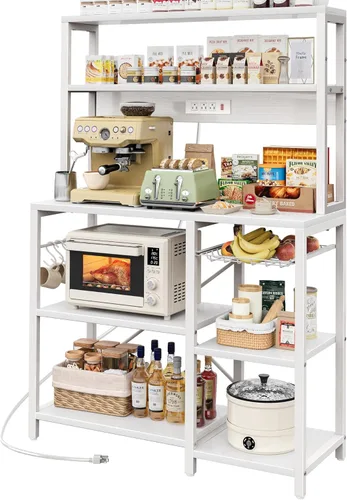 Vista 13 de SUPERJARE Estante para panaderos con toma de corriente, barra de café de 35.4 pulgadas con canasta de alambre, soporte de microondas de cocina con 6