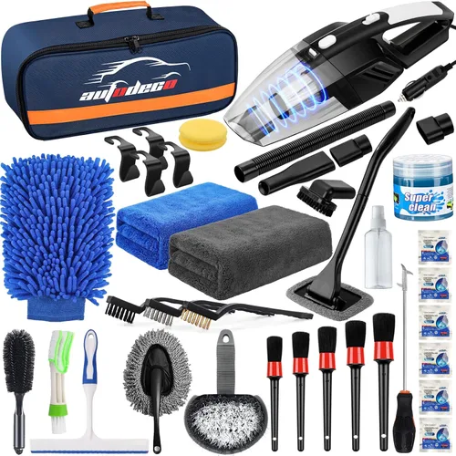 Vista 10 de AUTODECO Kit de limpieza para auto de 41 piezas Kit de limpieza y detalle interior con aspiradora de mano de alta potencia, cubo plegable