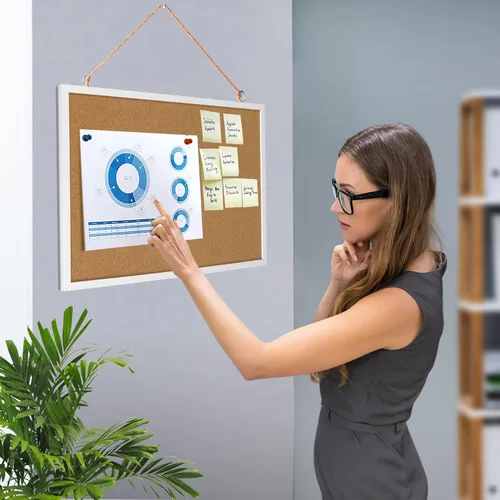 Vista 5 de Tablero de corcho para anuncios de 12 x 7.8 pulgadas con marco blanco rectangular y pin para colgar en paredes, oficina, tablero de mensajes