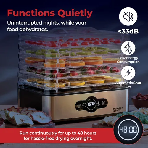 Vista 9 de Magic Mill Máquina deshidratadora de alimentos 5 bandejas apilables de acero inoxidable, temporizador ajustable digital de 48 horas y control