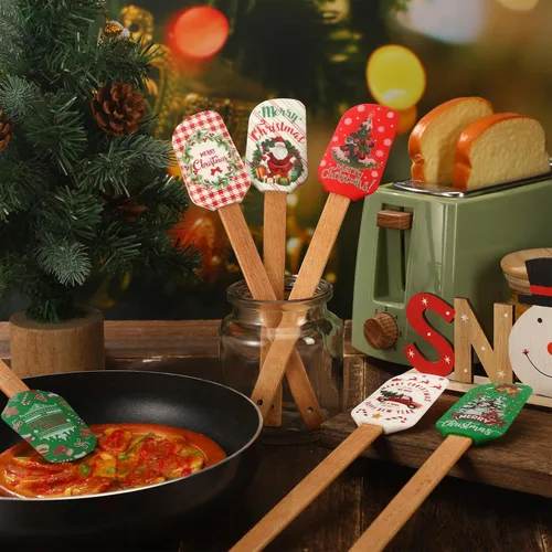 Vista 3 de Patelai Espátula de silicona de Navidad con mango de madera en forma de muñecos de nieve, espátula para pastel de Navidad, raspador de panqueques