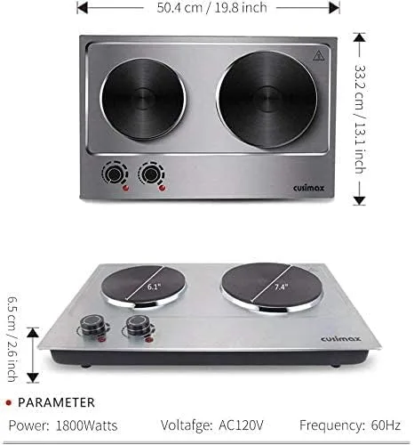 Vista 7 de CUSIMAX Placa caliente doble para cocinar, 1800 W portátil eléctrico doble quemador encimera quemador de hierro fundido placas calientes de cocina