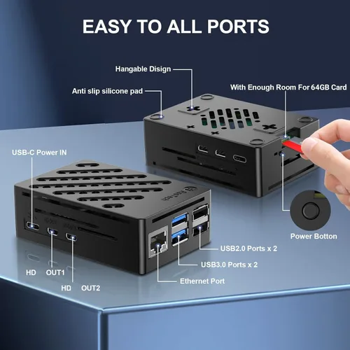 Vista 3 de RasTech Raspberry Pi 5 8GB Kit 64GB Edition con enfriador activo, fuente de alimentación USB-C GaN 5.1V5A de 27 W, placa Pi5 de 8 GB, kit