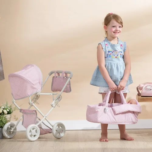 Vista 13 de Olivia's Little World - Cochecito de estilo buggy para muñeca con toldo retráctil, almacenamiento debajo, moisés desmontable, bolsa de viaje