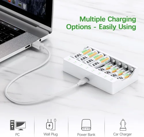 Vista 9 de EBL 16-Pack AA 2800mAh Ready2Charge Batteries with 8-Bay USB Charger for AAAAA Independent Smart Charging