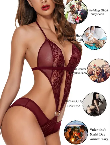 Vista 6 de Avidlove - Lencería de encaje con cuello en V escotado para mujer, babydoll de una pieza