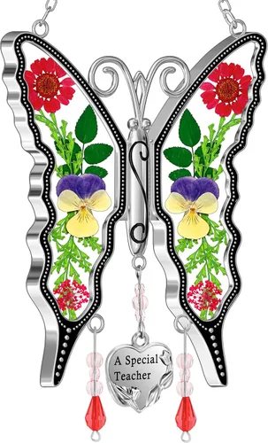 KY &BOSAM - Atrapa luz de vitral con mariposa de color, con la frase A special teacher. Campanilla para el viento, como regalo para la profesora en