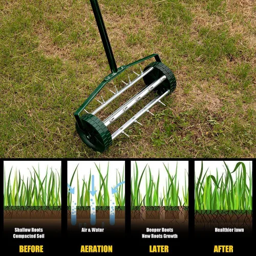 Vista 2 de Yeeoy Aireador manual de césped resistente de 18 pulgadas con mango antideslizante, picos de púas, aireación de suelo con púas rotativas