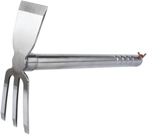 Herramienta de mano de rastrillo de azada de jardín de acero inoxidable, azada de mano de metal de 15 pulgadas y cultivador de 3 puntas, herramienta