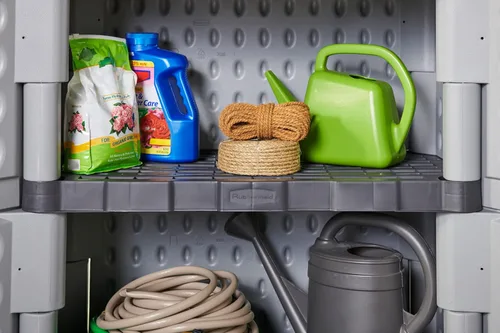 Vista 12 de Rubbermaid Freestanding Storage Cabinet with Doors 18"D x 36"W x 37"H Medium Gray/Black Two-Shelf Lockable Cabinet for Indoor/Outdoor/Garage Storage