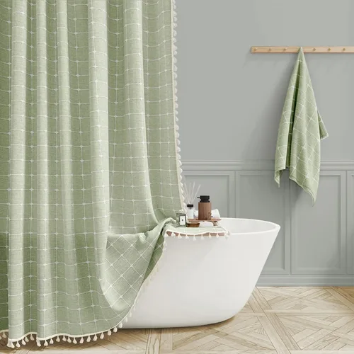 BTTN - Cortina de tela de lino para ducha, bohemia, con borlas, estilo rústico chic, para baño, elegante, con ganchos, alta, gruesa, moderna, A -