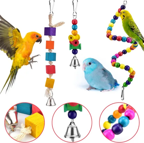 Vista 6 de KATUMO Juguetes para pájaros, loro oscilante, escalera, perca, madera, perca, pájaros, masticar, cacatúas, campanas colgantes, juguetes