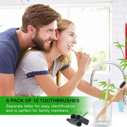 Vista 5 de Juego de 10 cepillos de dientes de bambú, respetuoso con el medio ambiente, sin BPA, cerdas suaves, cepillo de dientes de madera a granel, mango