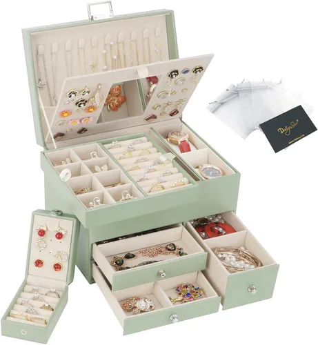 Caja organizadora de joyas, caja de joyería grande de 3 capas con joyero de viaje y bandeja extraíble, estuche de almacenamiento de joyas con espejo
