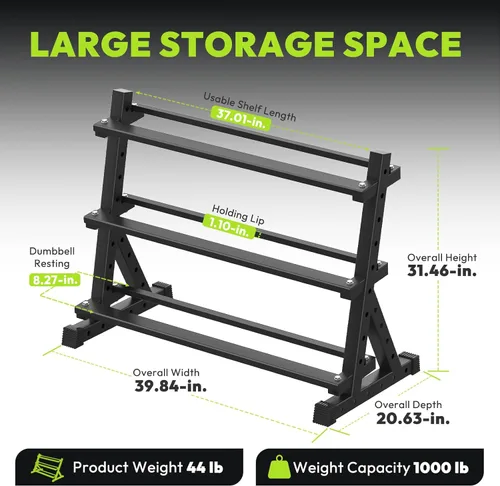 Vista 2 de HANDBODE 3-Tier Dumbbell Rack Stand, 1000LB Capacity Storage Rack, Weight Rack for Dumbbells, Kettlebell, 390–700 lb Rubber Coated Fixed