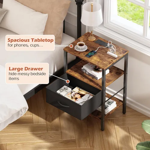 Vista 8 de SUPERJARE - Juego de 2 mesitas de noche con base de carga, cajón de tela ajustable, mesita de noche para dormitorio, de 3 niveles, para sala