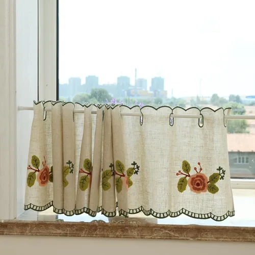 Vista 8 de HM&DX Cortina corta con bordado floral de encaje, cenefa de encaje rústico, estilo pastoral, sin perforación, cenefa de ventana para cocina, Hilo