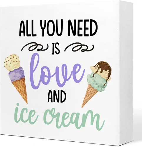 Letrero inspirador de madera con texto en inglés «All You Need is Love and Helado», decoración rústica de bloque de madera de helado de verano,