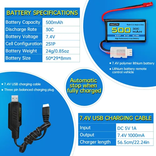 Vista 3 de 7.4V 500mAh 30C JST-2P Plug Lipo batería con USB para helicópteros controlados a distancia, cuadricópteros, autos de carreras micro FPV, drones