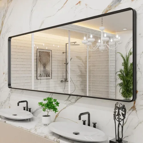 Vista 55 de LOAAO - Espejo de tocador para baño con marco de metal negro mate de 48 x 32 pulgadas para pared, rectangular, grande, redondeado, anticorrosión