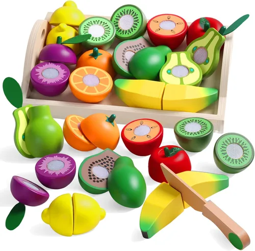 Fajiabao Comida de madera para niños, juguetes Montessori para niñas y niños de 2 años, juego de frutas de corte de madera con bandeja para