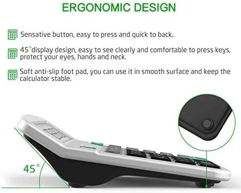 Vista 4 de Calculadora electrónica de doble potencia con batería solar y AA, pantalla grande de 12 dígitos (2 negros básicos y 1 plata actualizada)