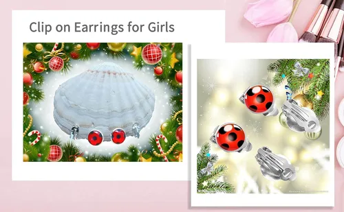 Vista 3 de OHINGLT Pendientes de clip de mariquita para mujer, aretes de plata con diseño de mariquita roja