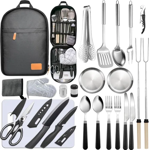 Juego de Utensilios de Cocina para Acampar - Juego de Utensilios de Campamento Elementos Esenciales de Cocina para Campamento en Auto Equipo para